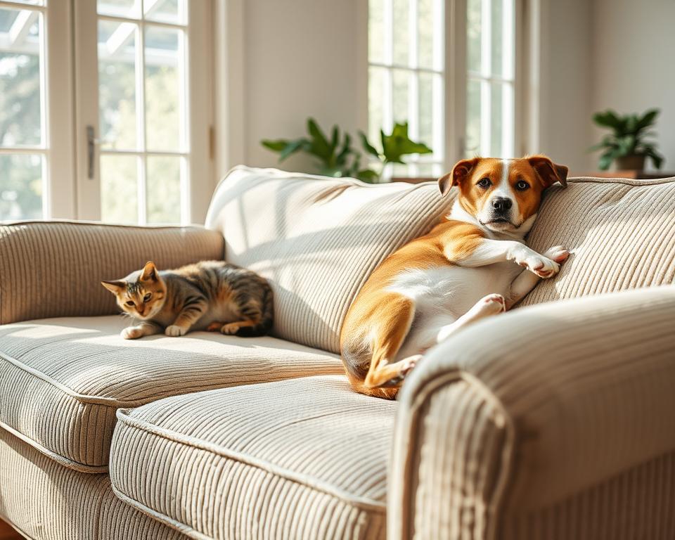 Cord-Sofa mit Haustieren
